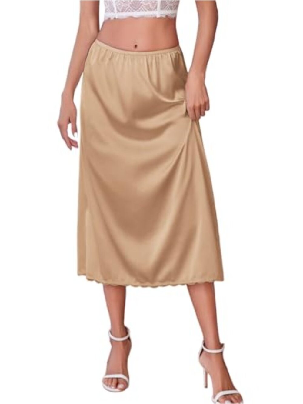 Satin Half Slip Long Underskirt with Lace Trim for Dresses